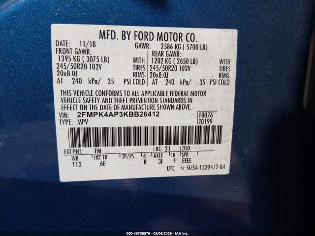 45795976 :رقم المزاد ، 2FMPK4AP3KBB26412 vin ، 2019 Ford Edge St مزاد بيع
