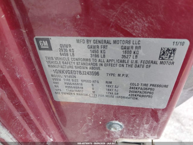 Продажа на аукционе авто 2011 Chevrolet Traverse 1lt, vin: 1GNKVGED7BJ243596, номер лота: 45795978