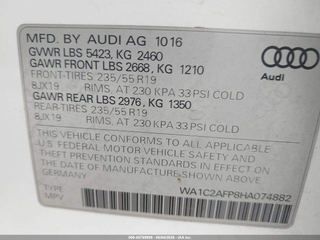 Продажа на аукционе авто 2017 Audi Q5 2.0t Premium, vin: WA1C2AFP8HA074882, номер лота: 45795989