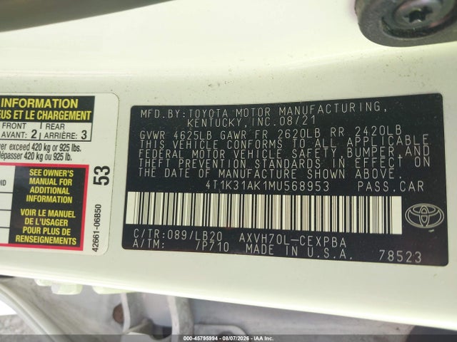 4T1K31AK1MU568953 Toyota Camry Xse Hybrid