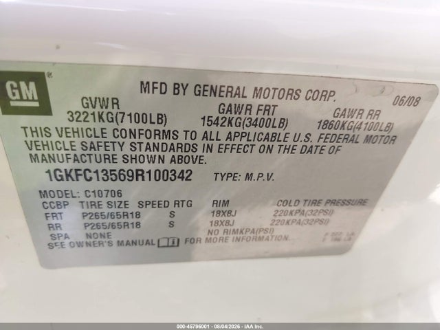 Aukcja sprzedaży 2009 Gmc Yukon Hybrid, vin: 1GKFC13569R100342, numer aukcji: 45796001