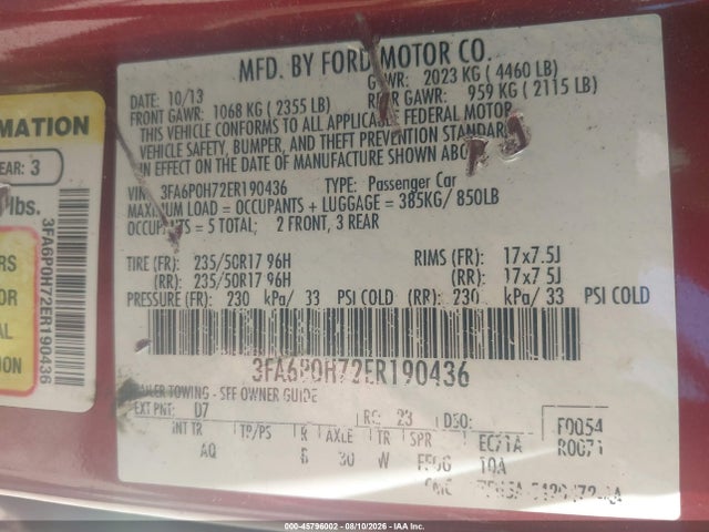 Ford FUSION SE 2014 3FA6P0H72ER190436 Image 9