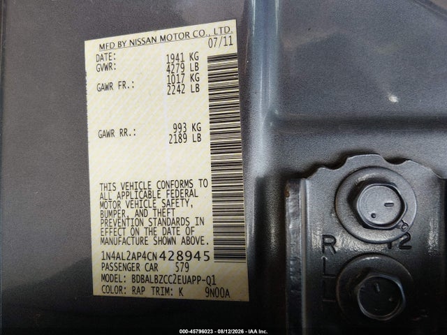 Продаж на аукціоні авто 2012 Nissan Altima 2.5 S, vin: 1N4AL2AP4CN428945, номер лоту: 45796023
