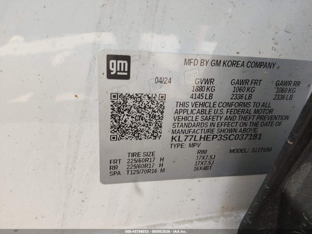 KL77LHEP3SC037181 Chevrolet Trax Fwd Lt