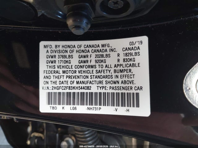 2HGFC2F83KH544082 Honda Civic Sport