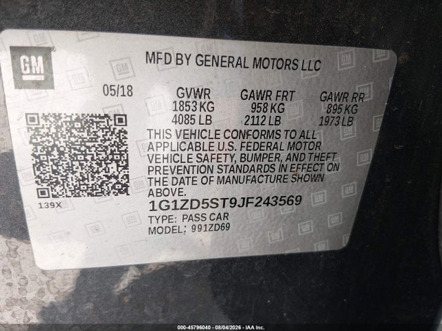45796040 :رقم المزاد ، 1G1ZD5ST9JF243569 vin ، 2018 Chevrolet Malibu Lt مزاد بيع
