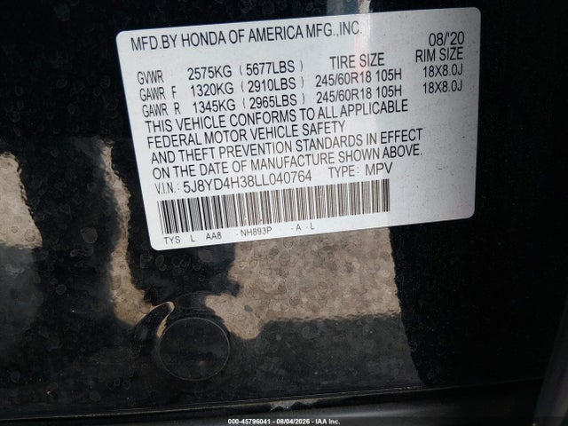 45796041 :رقم المزاد ، 5J8YD4H38LL040764 vin ، 2020 Acura Mdx Standard مزاد بيع