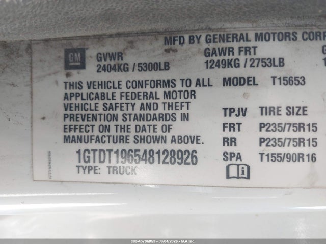 45796053 :رقم المزاد ، 1GTDT196548128926 vin ، 2004 Gmc Canyon Sle مزاد بيع