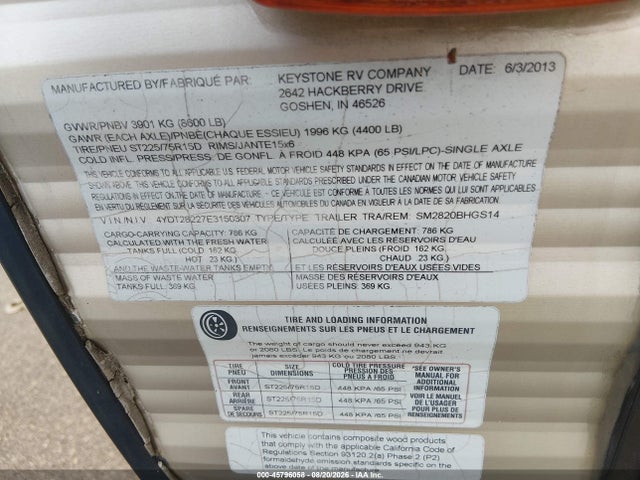Aukcja sprzedaży 2014 Keystone Summerland Sm2820, vin: 4YDT28227E3150307, numer aukcji: 45796058