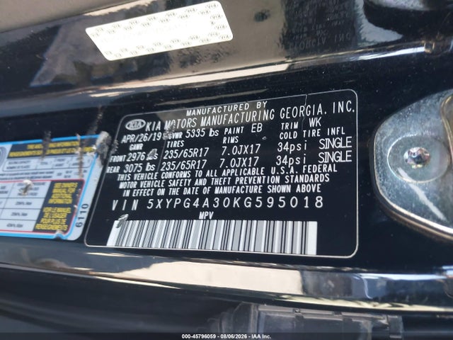 Продаж на аукціоні авто 2019 Kia Sorento 2.4l L, vin: 5XYPG4A30KG595018, номер лоту: 45796059