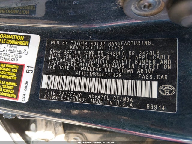4T1B11HKXKU711438 Toyota CAMRY LE