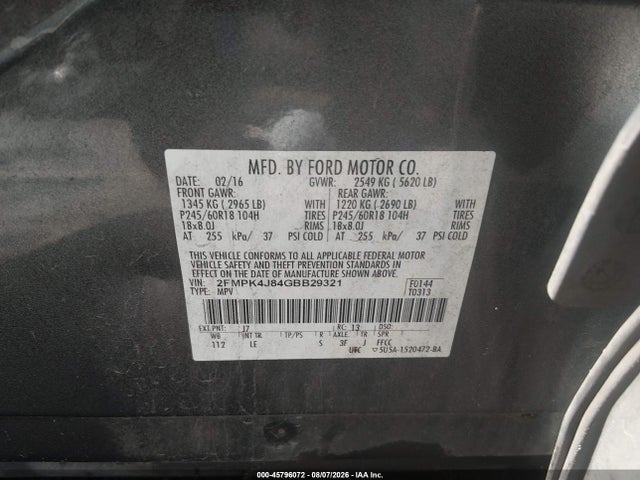 Продаж на аукціоні авто 2016 Ford Edge Sel, vin: 2FMPK4J84GBB29321, номер лоту: 45796072