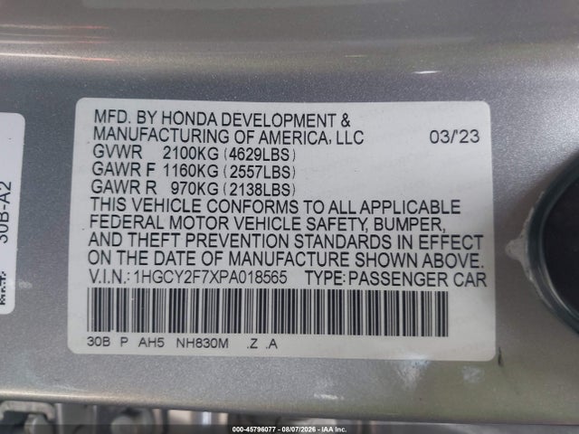 Aukcja sprzedaży 2023 Honda Accord Hybrid Sport-l, vin: 1HGCY2F7XPA018565, numer aukcji: 45796077