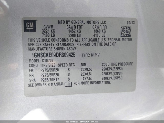 Продаж на аукціоні авто 2013 Chevrolet Tahoe Ls, vin: 1GNSCAE09DR309425, номер лоту: 45796097