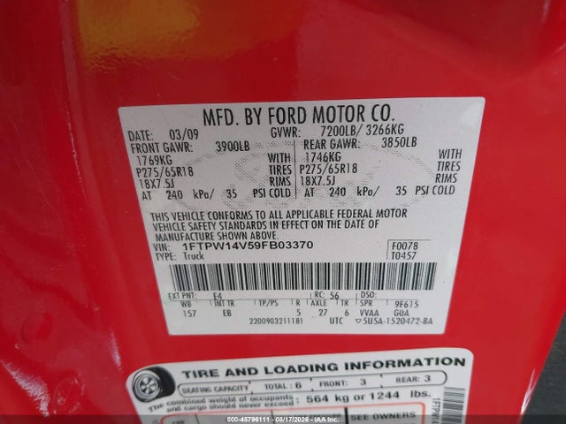 Auction sale of the 2009 Ford F-150 Lariat, vin: 1FTPW14V59FB03370, lot number: 45796111