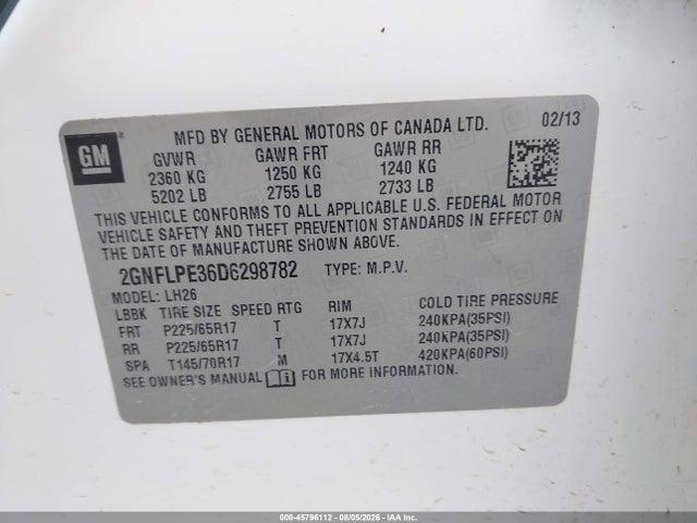 Продажа на аукционе авто 2013 Chevrolet Equinox Lt, vin: 2GNFLPE36D6298782, номер лота: 45796112