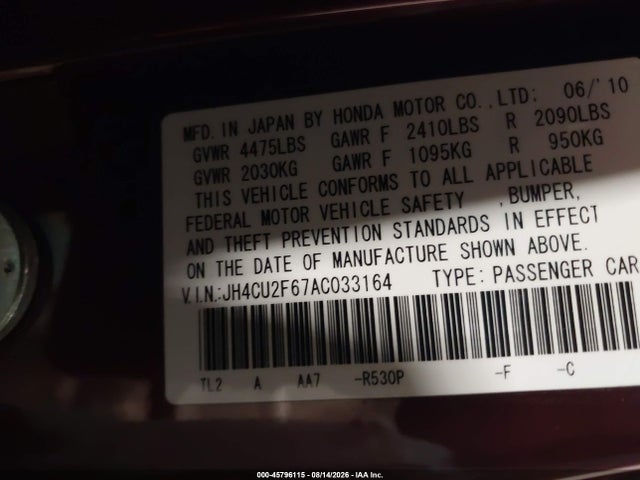 Aukcja sprzedaży 2010 Acura Tsx 2.4, vin: JH4CU2F67AC033164, numer aukcji: 45796115
