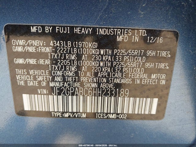 2017 Subaru Crosstrek 2.0i Premium მანქანა იყიდება აუქციონზე, vin: JF2GPABC6HH233189, აუქციონის ნომერი: 45796140