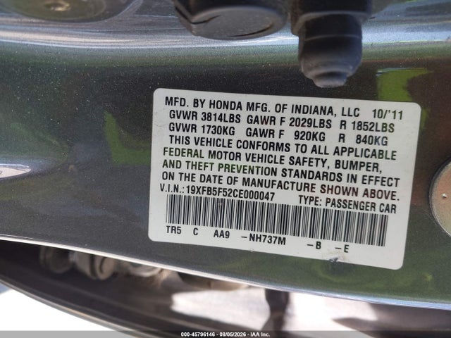 45796146 :رقم المزاد ، 19XFB5F52CE000047 vin ، 2012 Honda Civic Natural Gas مزاد بيع