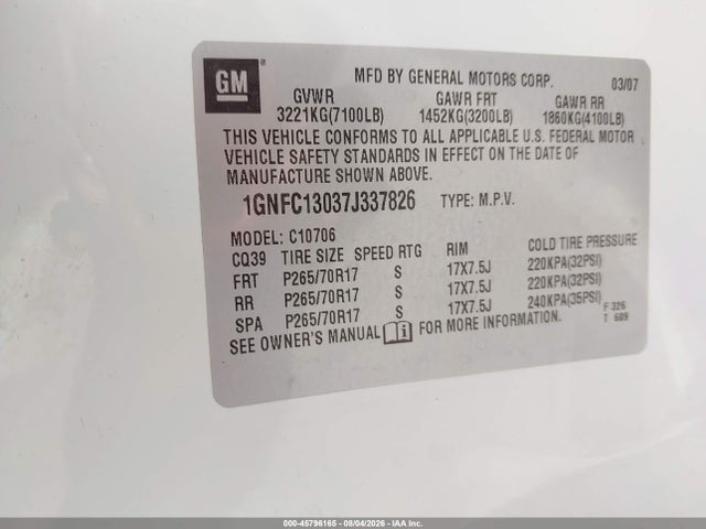 Продаж на аукціоні авто 2007 Chevrolet Tahoe Lt, vin: 1GNFC13037J337826, номер лоту: 45796165
