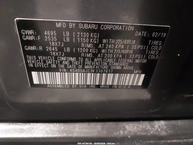 45796169 :رقم المزاد ، 4S4BSAJC9K3307617 vin ، 2019 Subaru Outback 2.5i Limited مزاد بيع