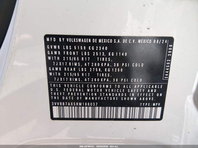 2024 Volkswagen Tiguan 2.0t S მანქანა იყიდება აუქციონზე, vin: 3VVRB7AX5RM186037, აუქციონის ნომერი: 45796181