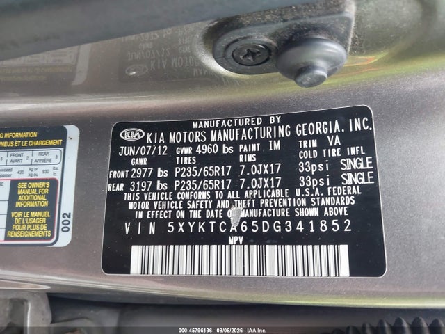 Продажа на аукционе авто 2013 Kia Sorento Lx, vin: 5XYKTCA65DG341852, номер лота: 45796196