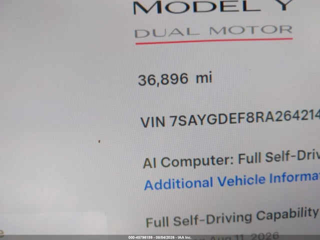45796199 :رقم المزاد ، 7SAYGDEF8RA264214 vin ، 2024 Tesla Model Y Performance Dual Motor All-wheel Drive مزاد بيع