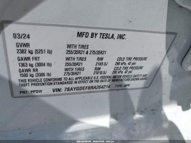 45796199 :رقم المزاد ، 7SAYGDEF8RA264214 vin ، 2024 Tesla Model Y Performance Dual Motor All-wheel Drive مزاد بيع
