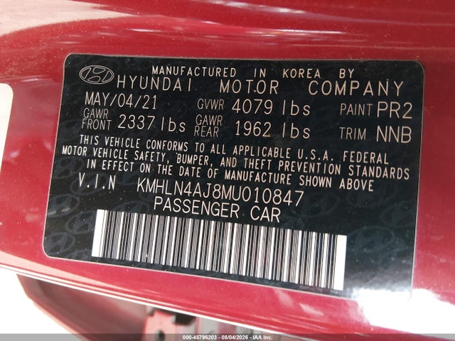 45796203 :رقم المزاد ، KMHLN4AJ8MU010847 vin ، 2021 Hyundai Elantra Hybrid Limited مزاد بيع