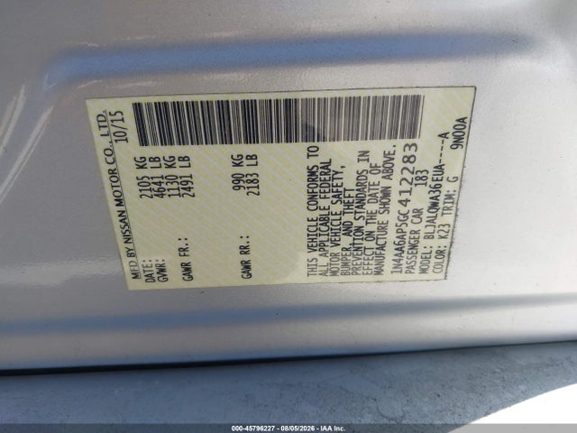 2016 Nissan Maxima 3.5 S მანქანა იყიდება აუქციონზე, vin: 1N4AA6AP5GC412283, აუქციონის ნომერი: 45796227
