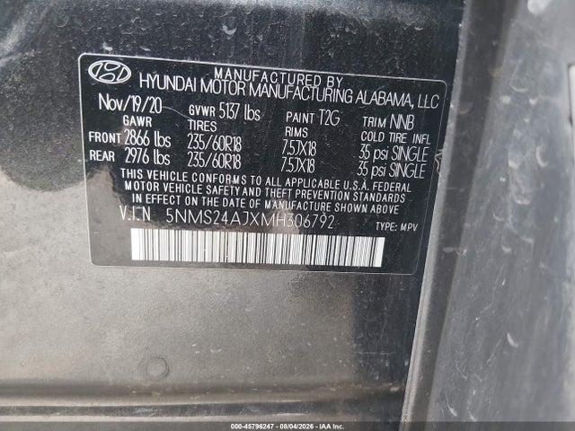Продаж на аукціоні авто 2021 Hyundai Santa Fe Sel, vin: 5NMS24AJXMH306792, номер лоту: 45796247