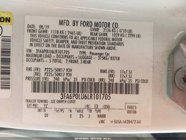 2020 Ford Fusion Hybrid Se მანქანა იყიდება აუქციონზე, vin: 3FA6P0LU6LR101705, აუქციონის ნომერი: 45796253