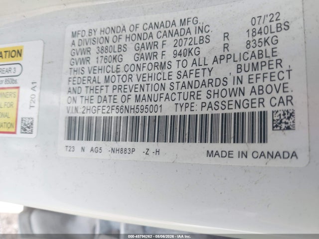 Продажа на аукционе авто 2022 Honda Civic Sport, vin: 2HGFE2F56NH595001, номер лота: 45796262