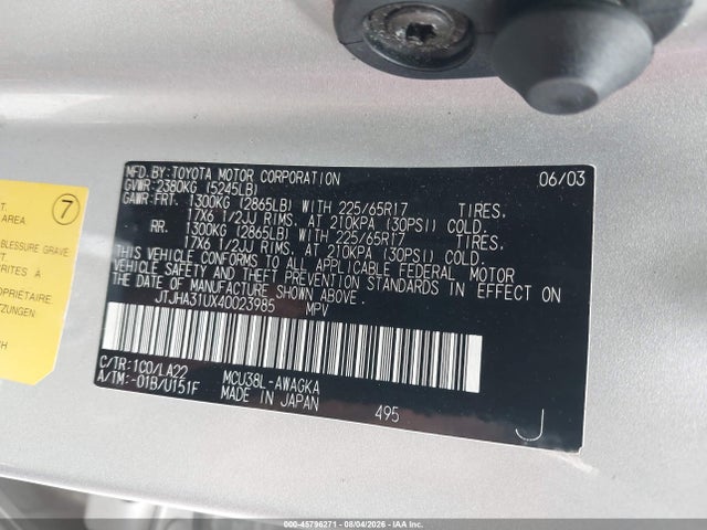 45796271 :رقم المزاد ، JTJHA31UX40023985 vin ، 2004 Lexus Rx 330 مزاد بيع