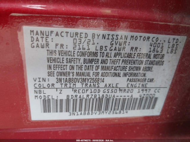 2021 Nissan Sentra Sr Xtronic Cvt მანქანა იყიდება აუქციონზე, vin: 3N1AB8DV3MY256814, აუქციონის ნომერი: 45796275