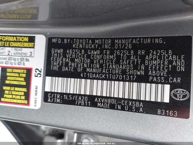 Aukcja sprzedaży 2026 Toyota Camry Se, vin: 4T1DAACK1TU701317, numer aukcji: 45796276