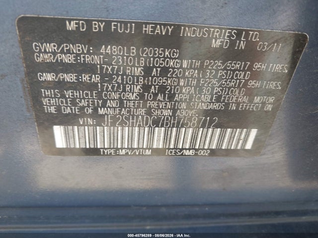 45796289 :رقم المزاد ، JF2SHADC7BH758712 vin ، 2011 Subaru Forester 2.5x Premium مزاد بيع