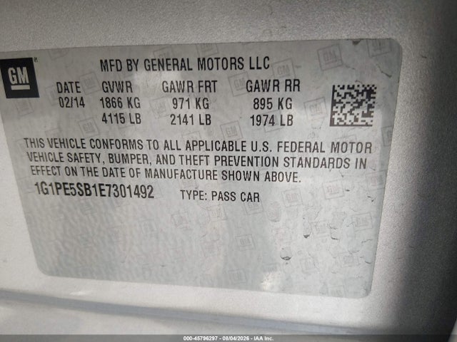 45796297 :رقم المزاد ، 1G1PE5SB1E7301492 vin ، 2014 Chevrolet Cruze 2lt Auto مزاد بيع