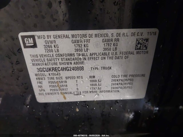 Продаж на аукціоні авто 2017 Chevrolet Silverado 1500 Lt, vin: 3GCUKREC4HG240808, номер лоту: 45796310