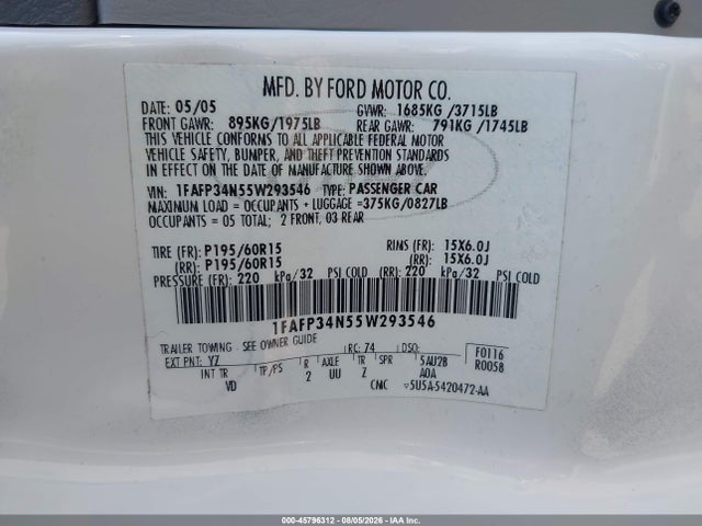 Aukcja sprzedaży 2005 Ford Focus Zx4, vin: 1FAFP34N55W293546, numer aukcji: 45796312