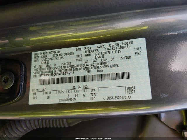 Продажа на аукционе авто 2024 Ford F-150 Raptor, vin: 1FTFW1RG7RFB74267, номер лота: 45796320