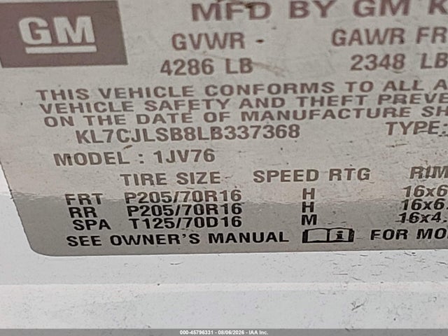 KL7CJLSB8LB337368 Chevrolet Trax Fwd Lt