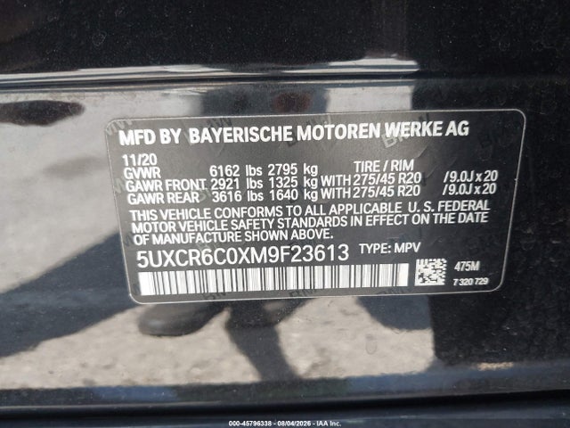 45796338 :رقم المزاد ، 5UXCR6C0XM9F23613 vin ، 2021 Bmw X5 Xdrive40i مزاد بيع
