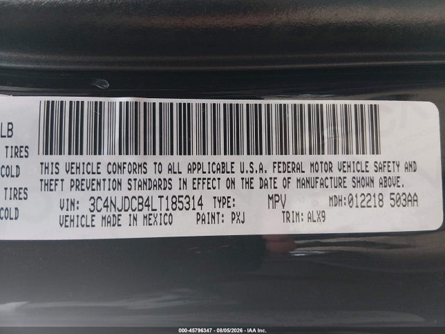45796347 :رقم المزاد ، 3C4NJDCB4LT185314 vin ، 2020 Jeep Compass Limited 4x4 مزاد بيع