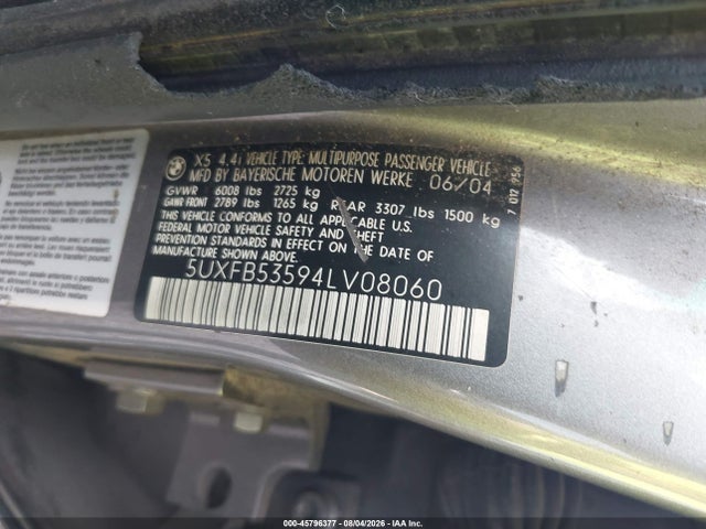 Aukcja sprzedaży 2004 Bmw X5 4.4i, vin: 5UXFB53594LV08060, numer aukcji: 45796377