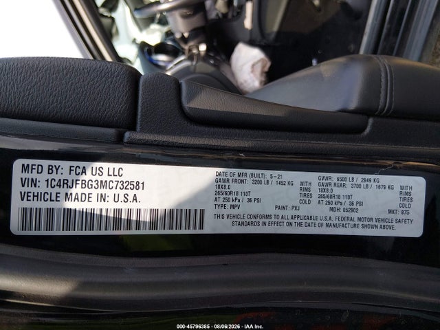2021 Jeep Grand Cherokee Limited 4x4 მანქანა იყიდება აუქციონზე, vin: 1C4RJFBG3MC732581, აუქციონის ნომერი: 45796385