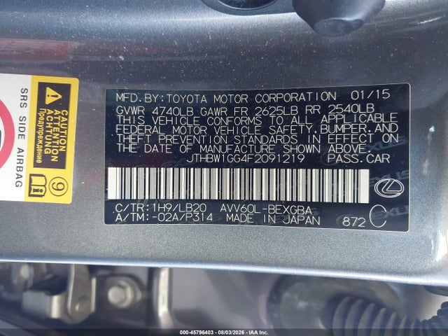 Aukcja sprzedaży 2015 Lexus Es 300h, vin: JTHBW1GG4F2091219, numer aukcji: 45796403