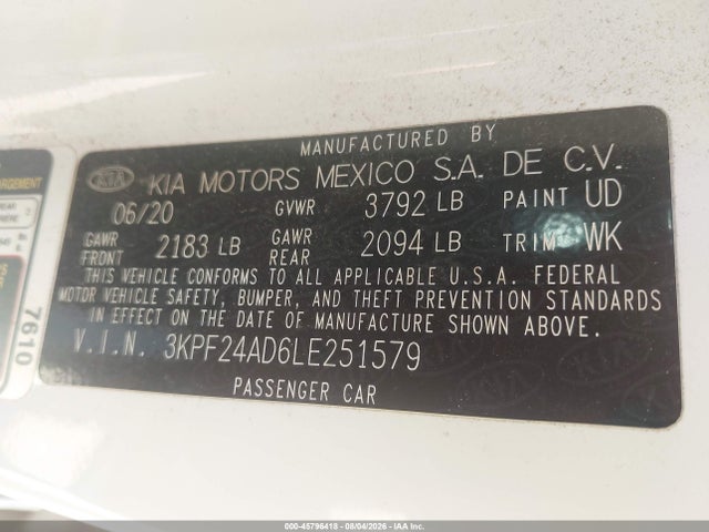 Aukcja sprzedaży 2020 Kia Forte Lxs, vin: 3KPF24AD6LE251579, numer aukcji: 45796418