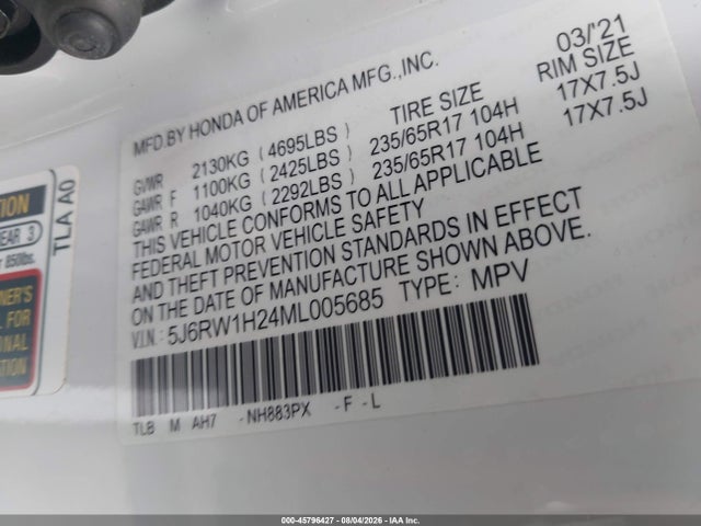 5J6RW1H24ML005685 Honda Cr-v 2wd Lx